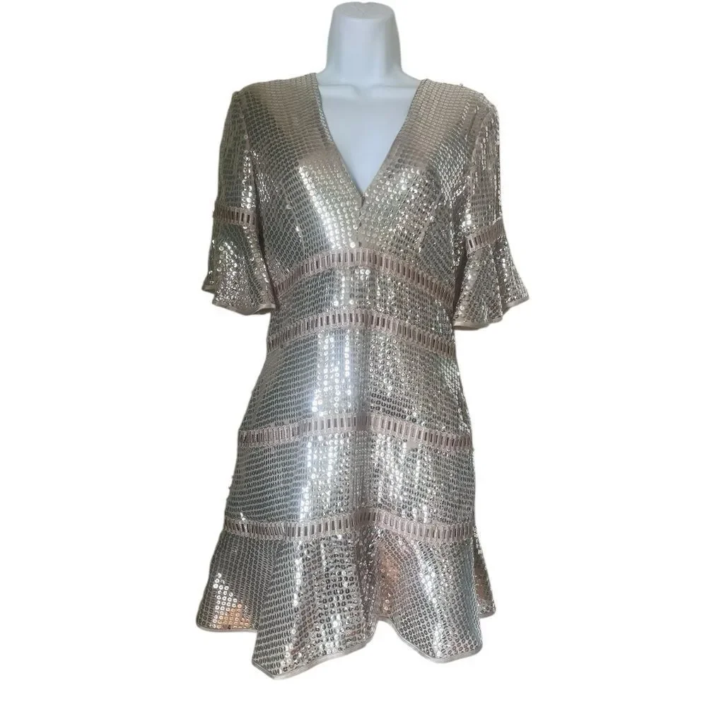 REVOLVE SAYLOR SIDNEY Silver Sequin Mini Elegant Glamour Dress Sz Small